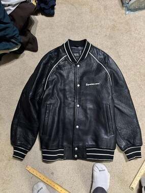 Zara Men's Black Grain Buffalo Leather Varsity Bomber Jacket 'Never Break'